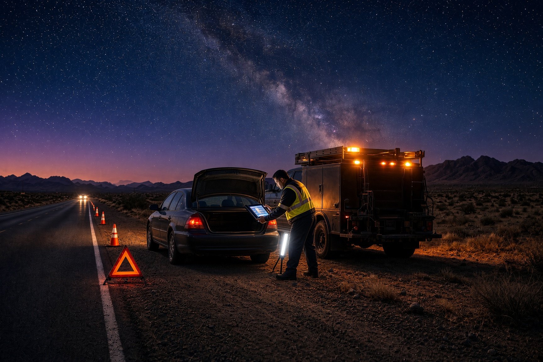 Roadside assistance vehicle helping a stranded driver
